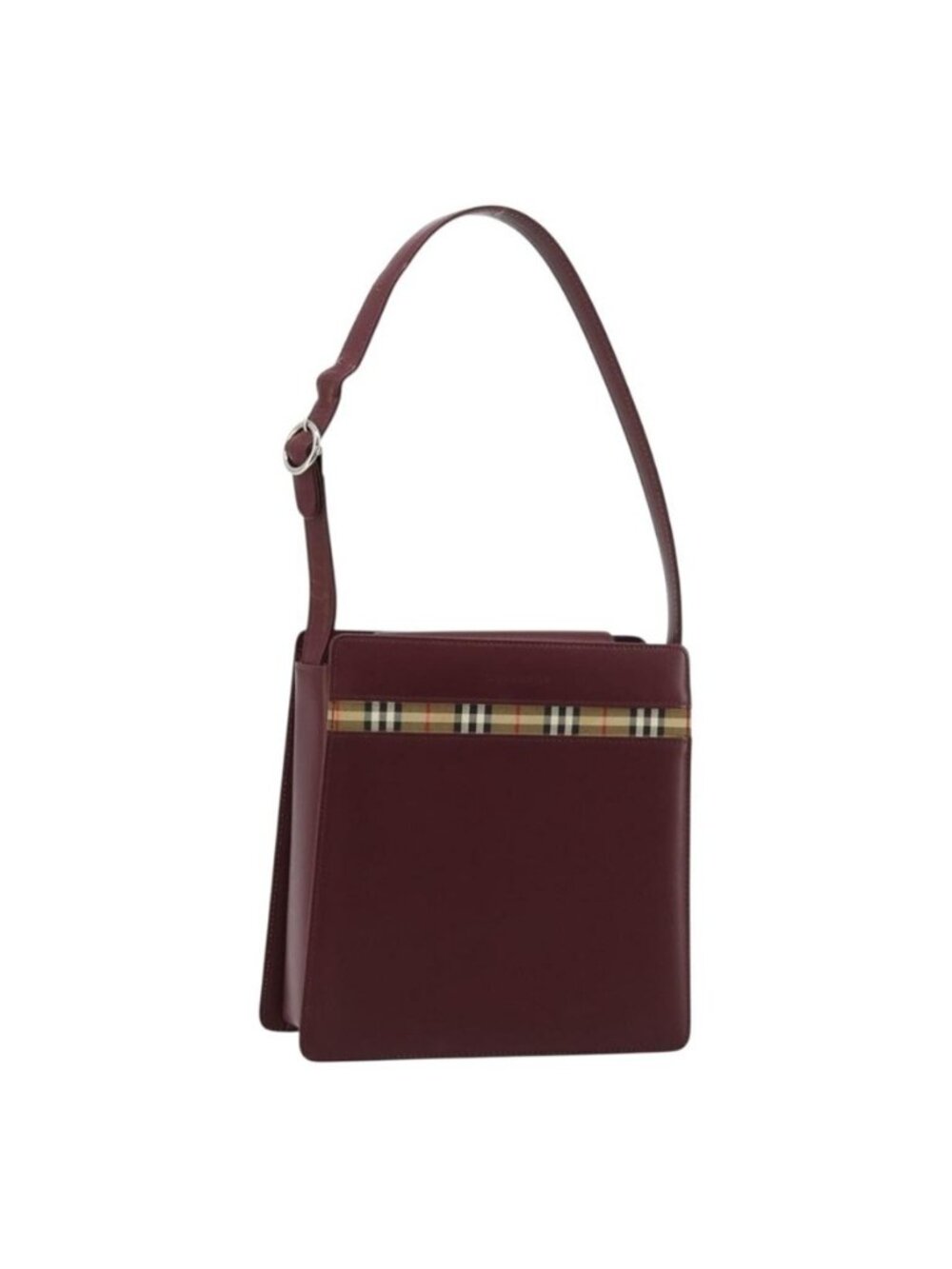 Authentic BURBERRY Nova Check Shoulder Bag Leather Bordeaux Silver